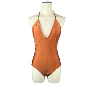 Mosmann Australia Maillot Halterneck One Piece Swimsuit in Burnt Orange.
